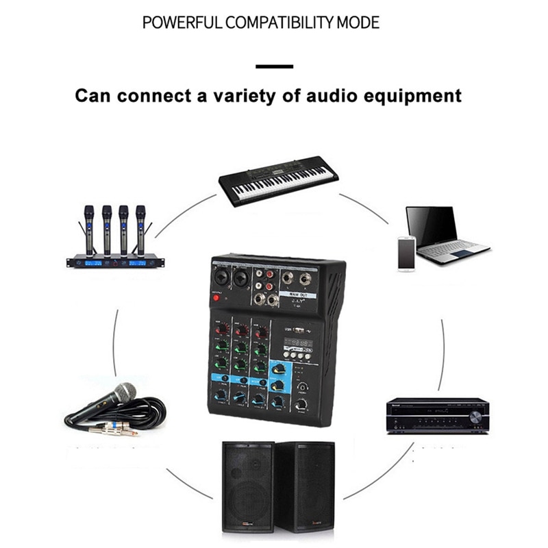 4 Channel Bluetooth Mixer o Mixing DJ Console with Reverb Effect for Home Karaoke USB Live Stage KTV