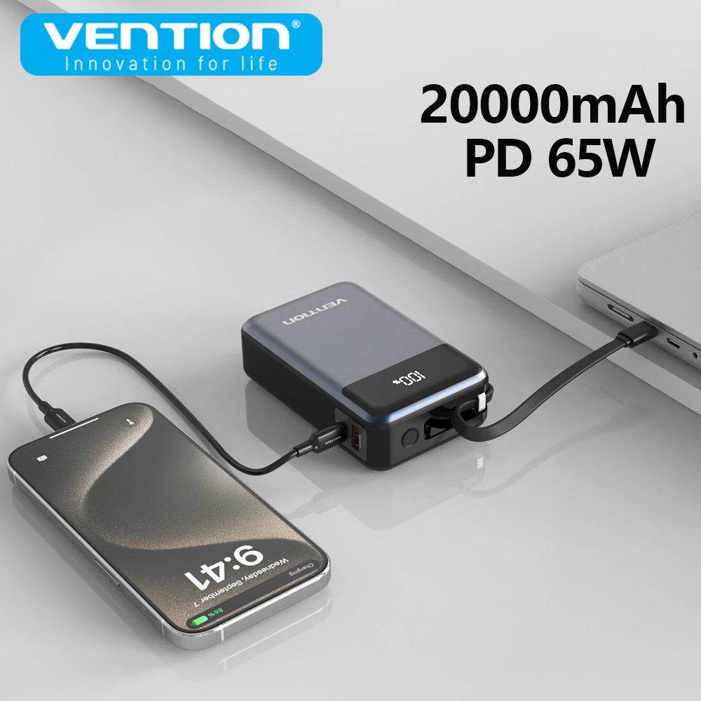 Vention Power Bank 20000mAh 65W PD Fast Charging Built-in USB-C Cable Portable Powerbanks Auxiliary Spare Battery for iPhone 15
