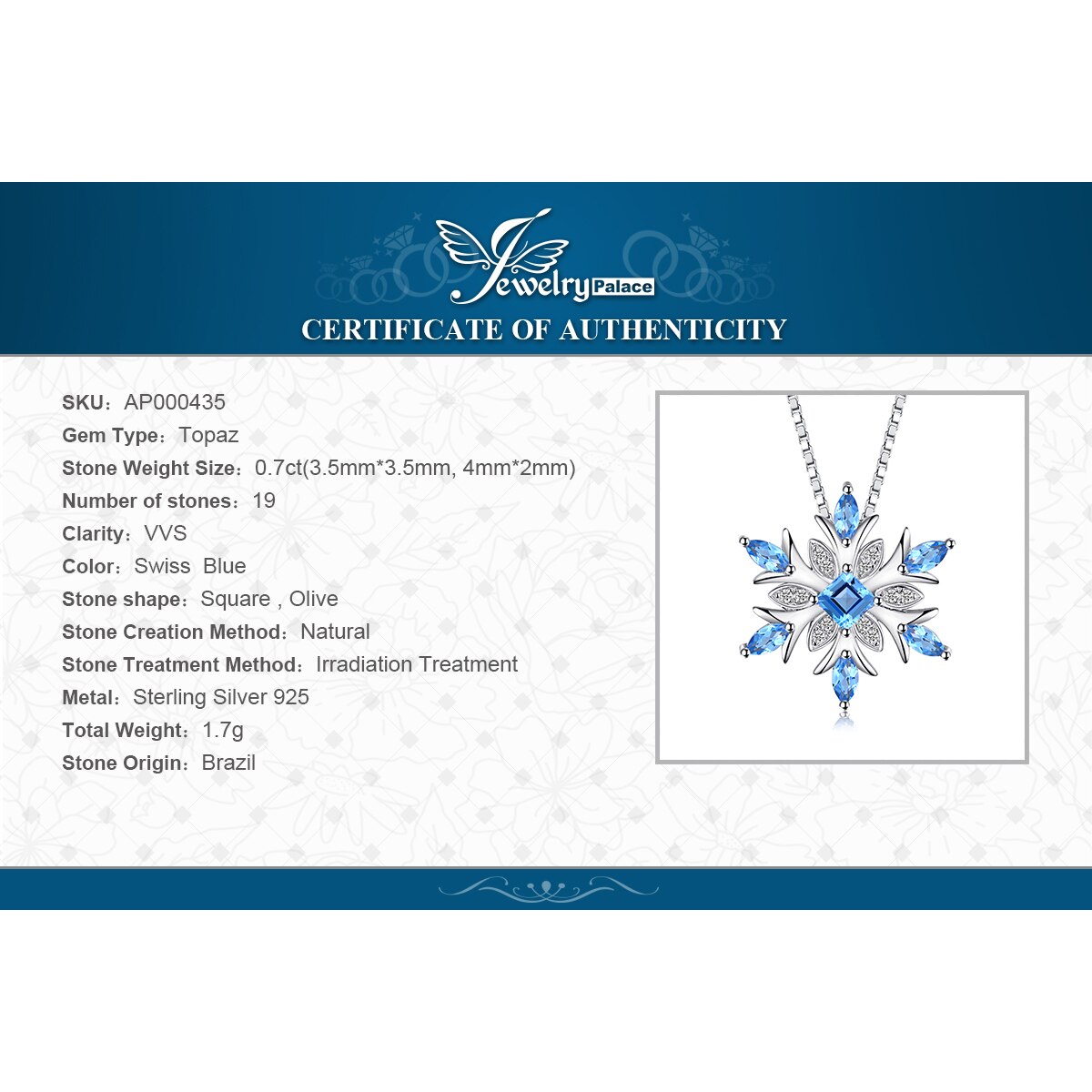 Sneeuwvlok Natuurlijke Swis Blue Topaz Hanger Ketting 925 Sterling Zilveren Edelstenen Choker Statement Ketting Vrouwen Zonder K