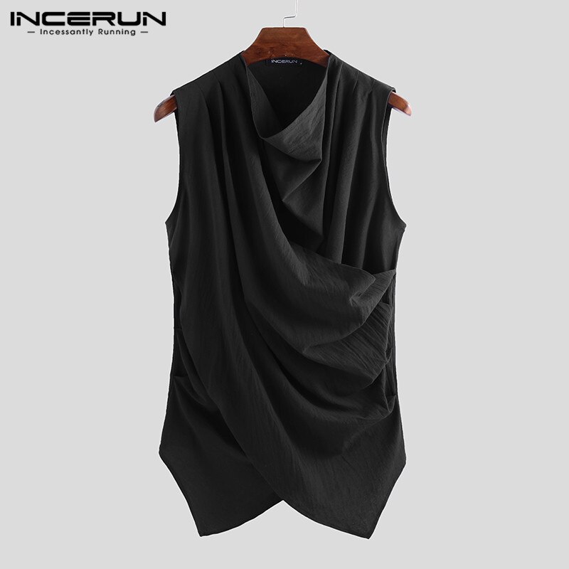 Mannen Mode Pure Kleur Crew Casual Tank Tops Retro Baggy Comfort Katoen Zomer Heren Mouwloos Onregelmatige Tops Streetwear Incerun: Black / M
