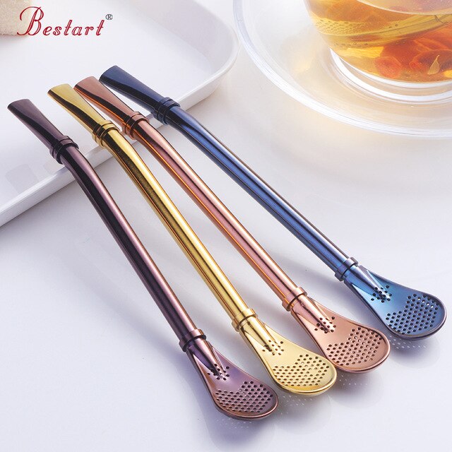 Straw Spoons with Filter Stainless Steel Stirring Coffee Spoons Teaspoon Yerba Mate Small Mini Tea Spoon Tableware Golden Black