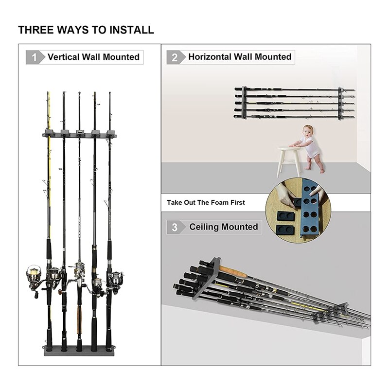 Porta canne da pesca WV4 porta canne da parete verticali per riporre fino a 10 canne per attrezzi da pesca