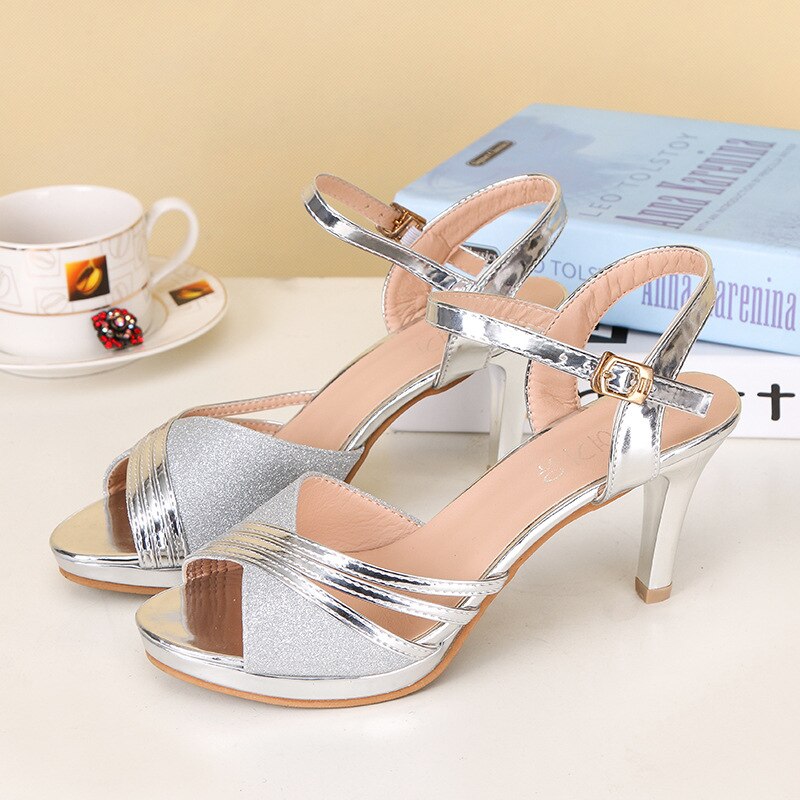 Summer sandals women's fine with bright leather square scarf with women's shoes gold and silver buckle with ladies shoes
