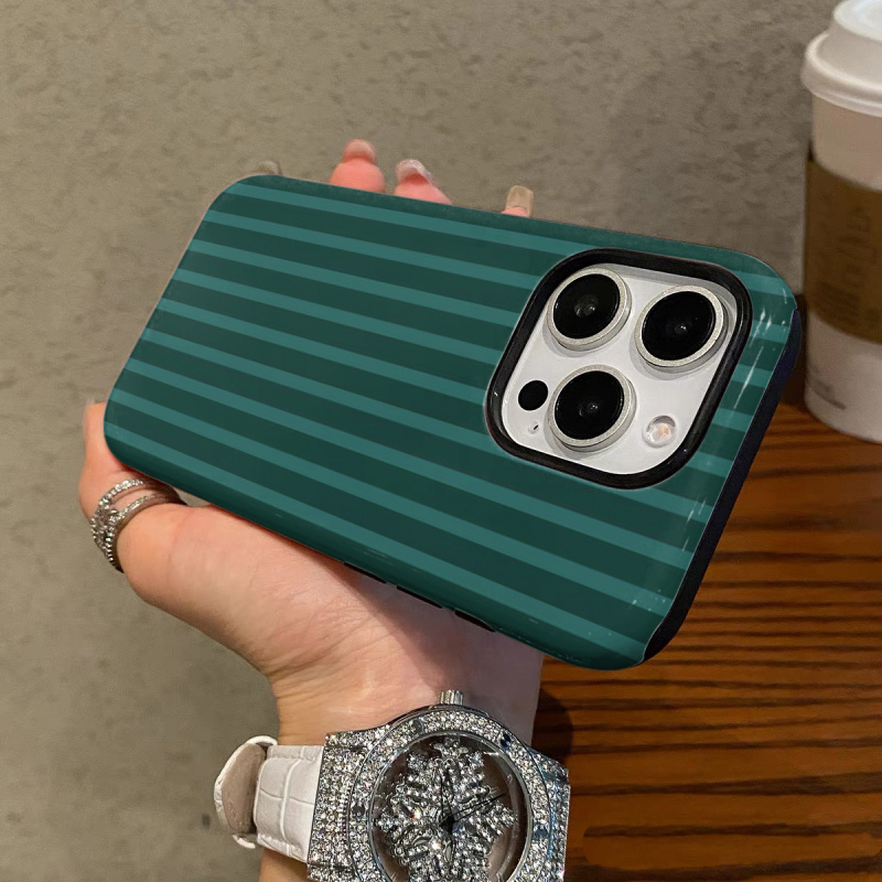 Dark green thin stripes Phone Case suitable for iPhone 17 16ProMax 15 14 14 12mini 7Plus XR 2in1 tough glossy case