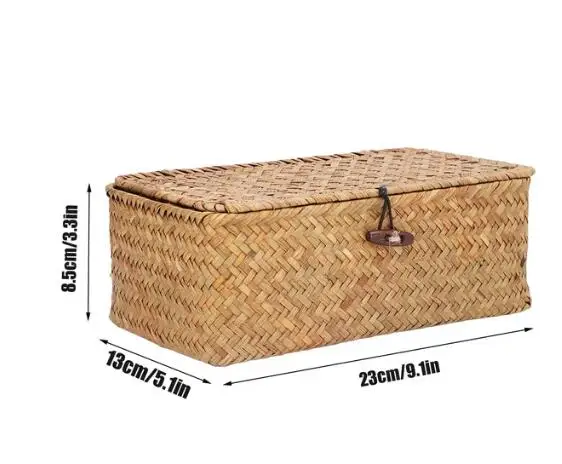 Flat Woven Wicker Storage Bins with Lid Natural Seagrass Basket Boxes Multipurpose Home Toys Organizer Boxes for Shelf Organizer: Red