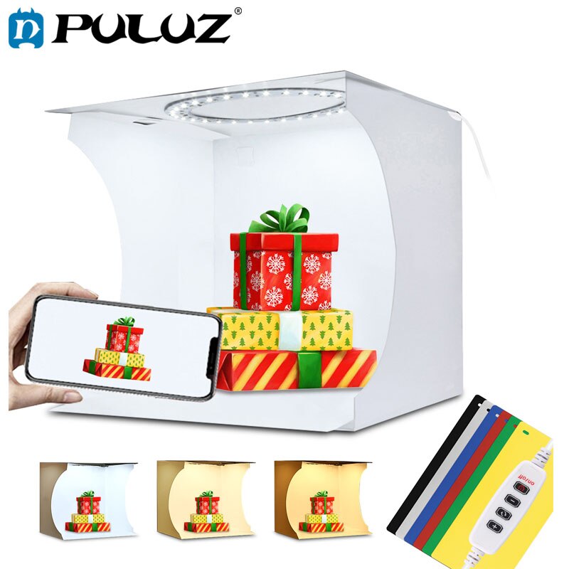 Puluz Mini Photo Studio Box Ring LED Photo Lightbox Photography Studio Shooting Box Box Kit e 6 fondali colorati Photo Softbox