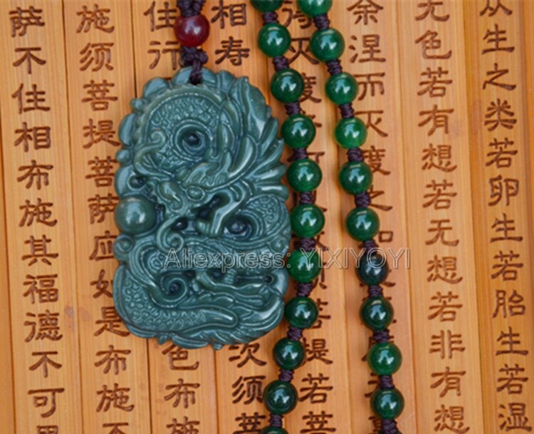 Mooie Handwerk Natuurlijke Donkergroen Tian Gesneden Draak Geluk Amulet Hanger + Gratis Ketting Certificaat Fijne Sieraden