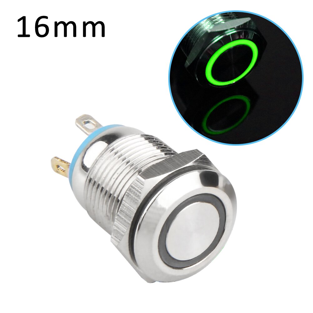 Interruptor de botón de Metal de 16mm, luz LED momentáneo impermeable, botón de encendido de autobloqueo de 12V, conector para botón: Green