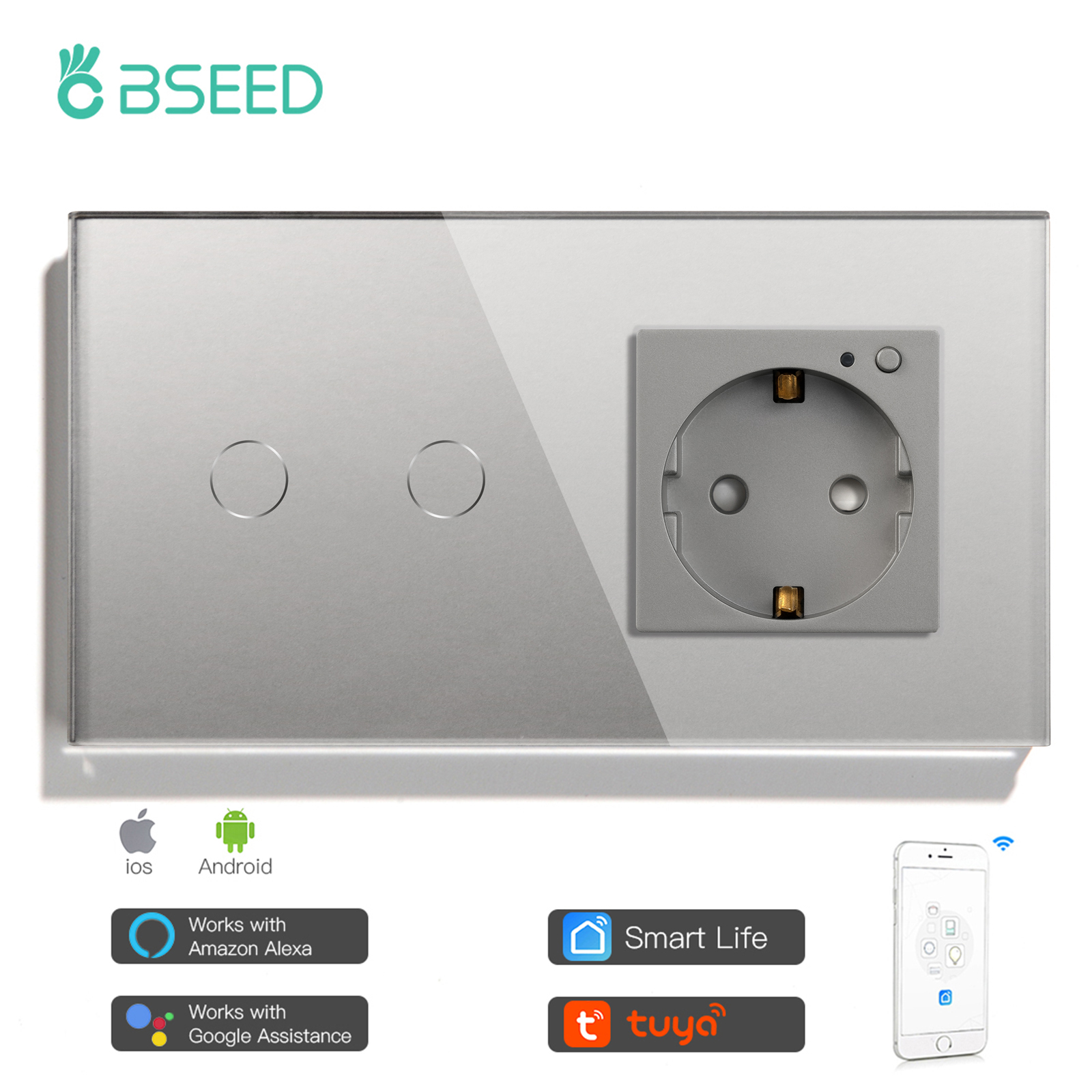 Bseed smart wifi touch switch 2 gang 1 vej med eu stik 3 farver krystal glas panel arbejde med smart life tuya app: Grå