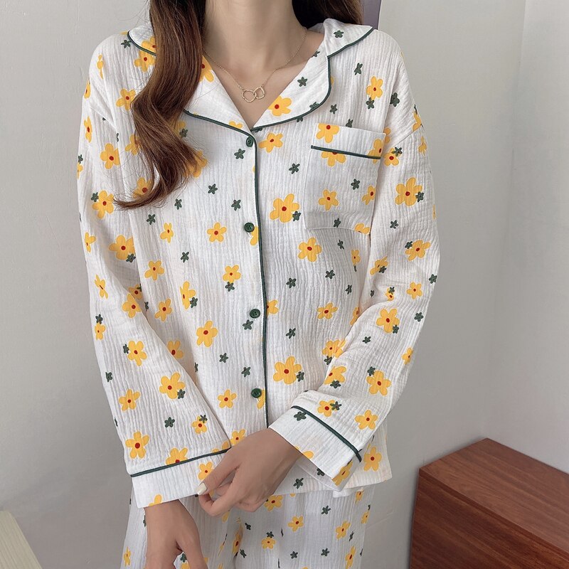 CBAFU spring autumn pajama set flowers print sleepwear lapel collar tops pants 2 piece set comfartable cotton home clothes M620