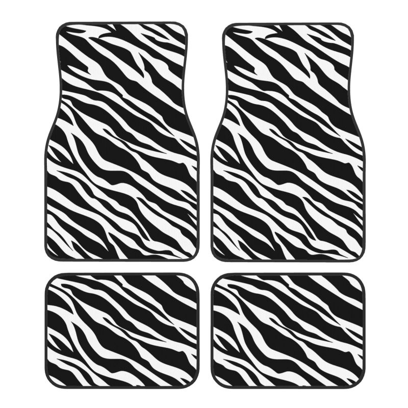 Zebrastribede bilmåtter sæt  of 4 stk. skridsikre fodmåtter tæpper universal til sedan suv bil interiørbeskytter: Hvid