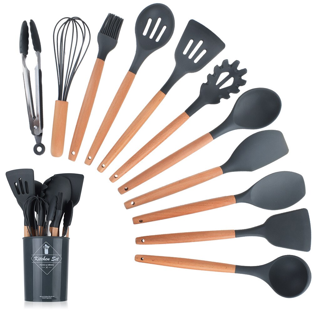 12 Pcs Keuken Gebruiksvoorwerp Set Siliconen Koken Gereedschap Huishoudelijke Houten Koken Gereedschap Ontmoette Opbergdoos Turner Tang Spatel Turner: Black Gray