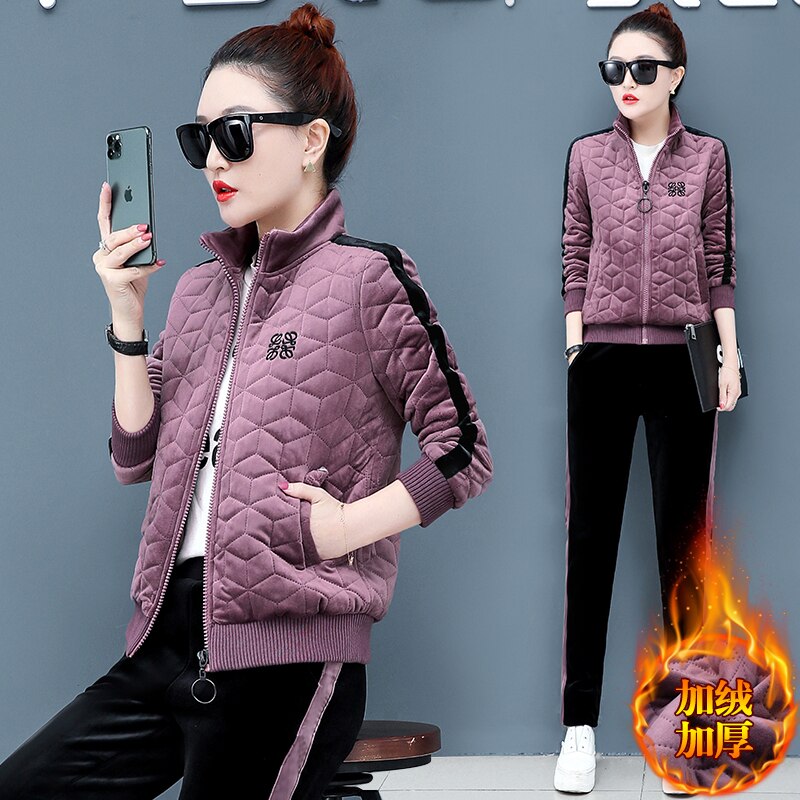 Autumn winter women velvet tracksuits two piece set large size zipper coat+pants womens plus size velour sets clothing 4XL: Purple / M