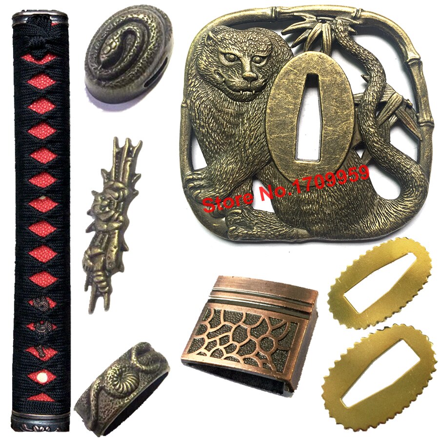 Nice Metal Crafts Tiger Theme Sword Guard for Katana/Wakizashi/Tanto Fittings Set Tsuba+Menuki+Fuchi+Kashira+Handle+Habaki+Seppa: Set Handle