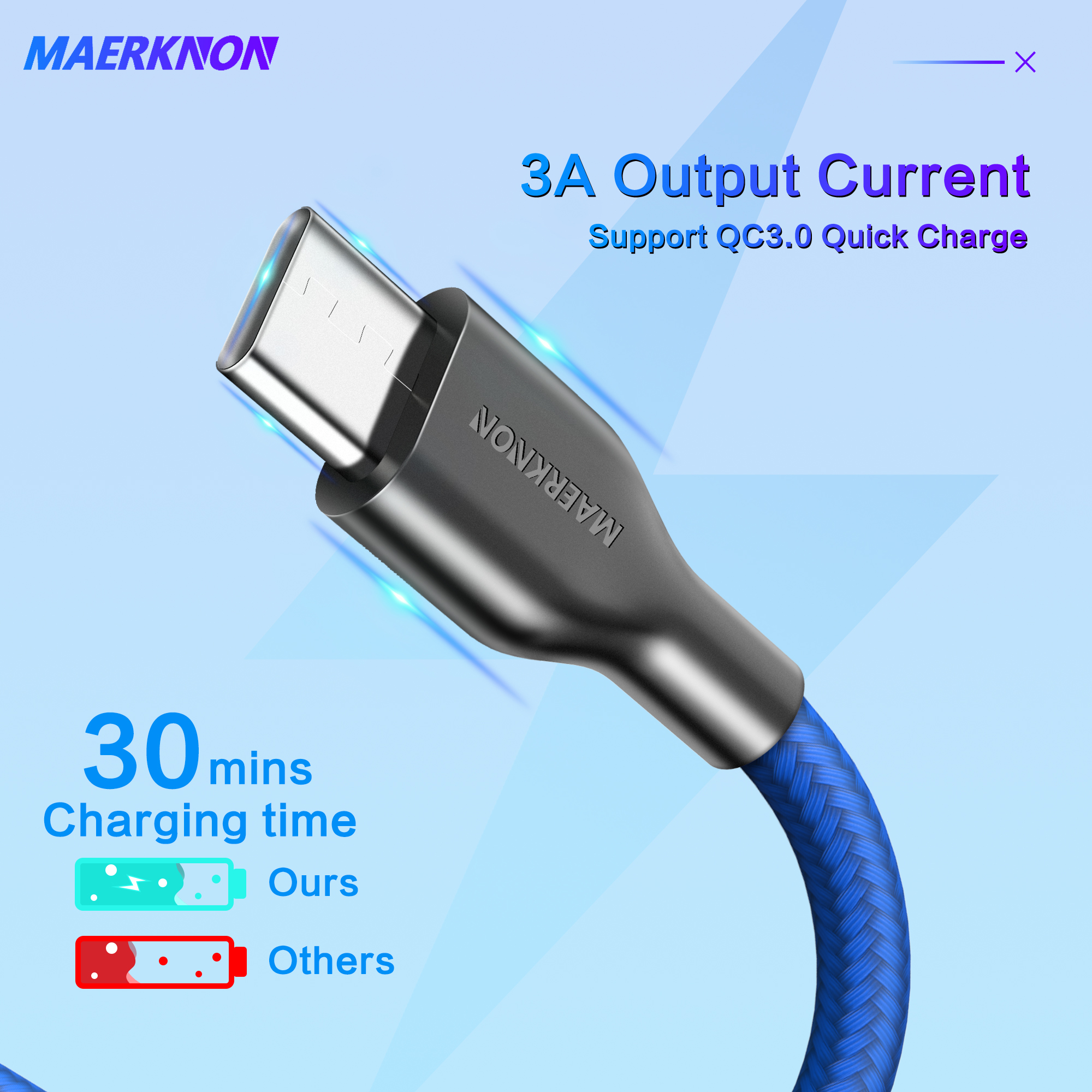 Maerknon – câble USB Type C QC 3.0 3A, charge rapide, transfert de données, compatible avec Xiaomi, Samsung, Oneplus, Huawei