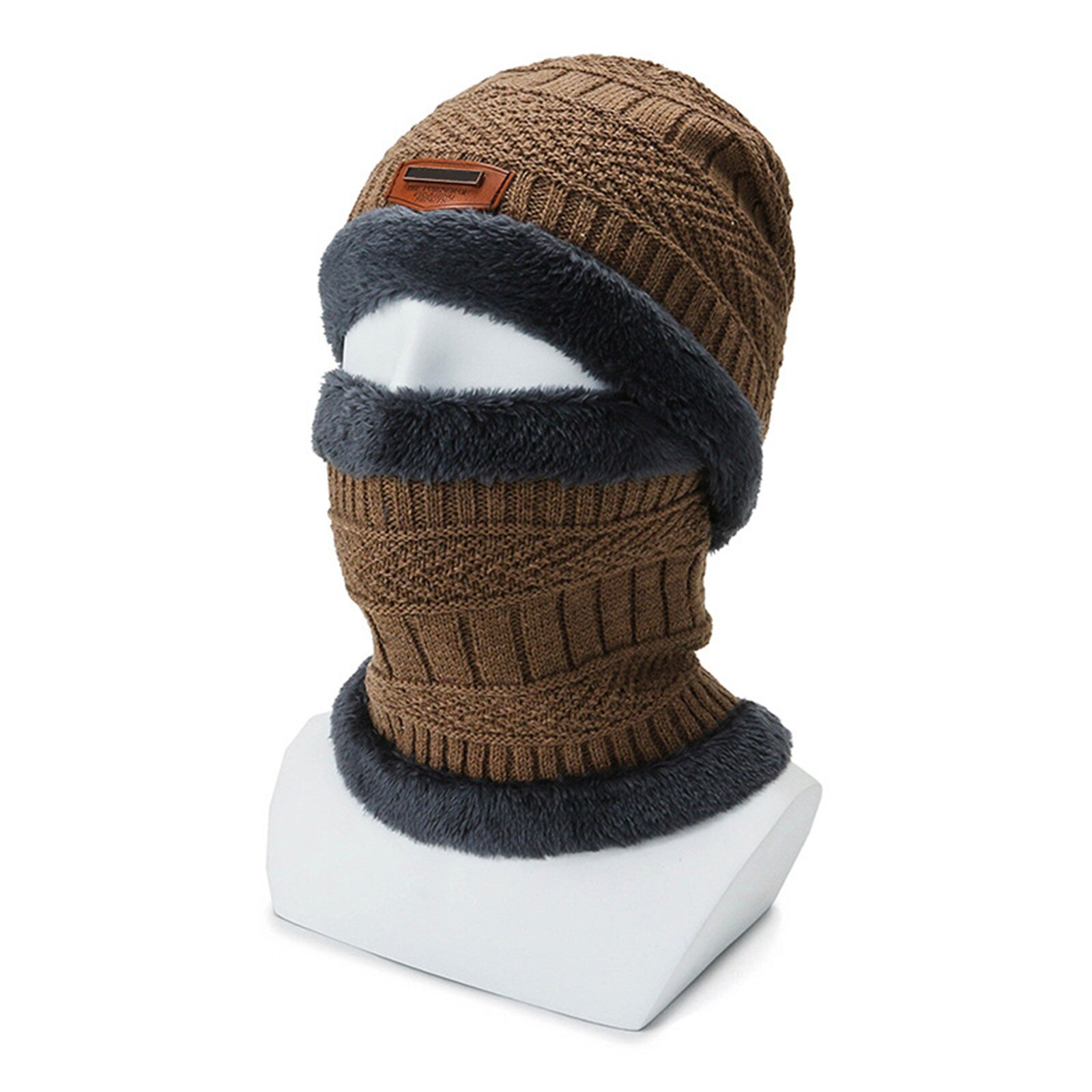 2 in 1 Winter Warm Knit Hat Scarf Set Ear Head Neck Cover Snow Ski Beanie Cap Unisex -OPK: Khaki