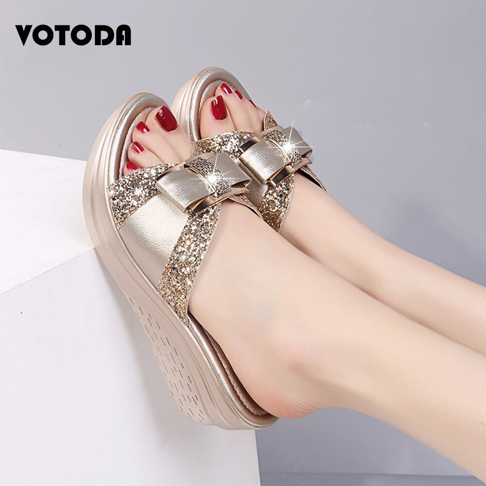 Sommar kvinnor platåskor bling kilar tofflor rosett paljetter flip flops pu läder sandaler skor kvinnlig casual platta skor kvinna