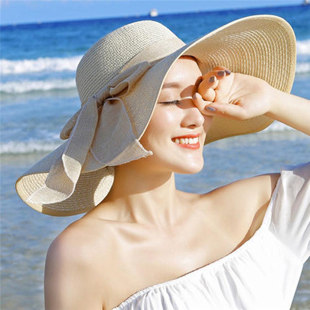 Zon Hoeden Voor Vrouwen Floppy Opvouwbare Wide Brim Stro Cap Chapeau Strikje Riem Dames Elegante Mode Zonnebrandcrème Strand Hoeden