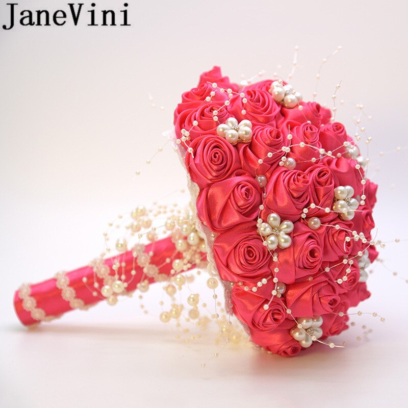 Janevini 2020 nova noiva flores cetim rosa pérolas rosa casamento buquê de cristal nupcial buquê fleur artificielle branco broche