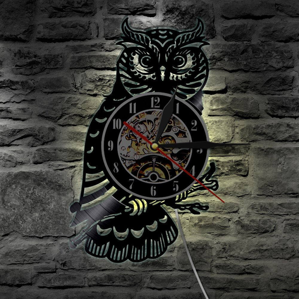 Chouette Horloge Murale Hibou Disque Vinyle Horloge Murale avec LED Lumière salon Décoration de La Maison reloj de épurée relojes