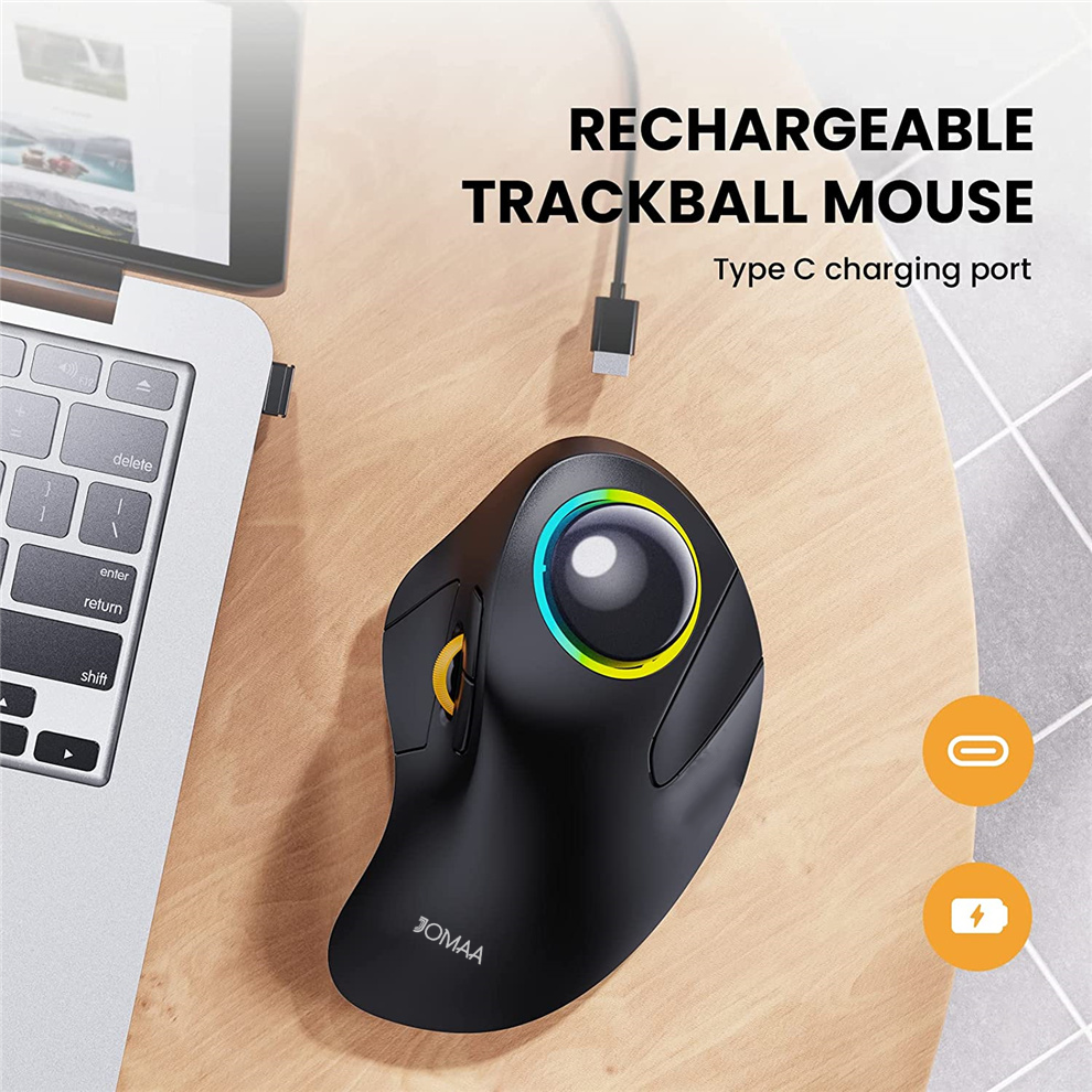 JOMAA RGB-hintergrundbeleuchtete kabellose Trackball-Maus, kabellos, 2,4 G, wiederaufladbar, ergonomische Rollerball-Gaming-Maus für Laptop, Mac, iPad, Spiel