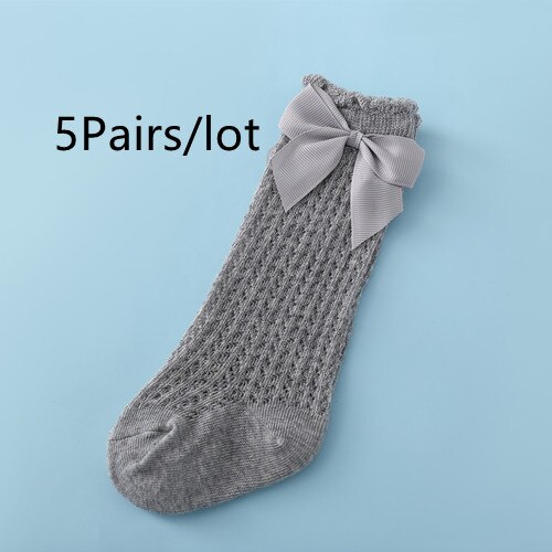 Lawadka-Calcetines de malla de algodón para bebé recién nacido, medias hasta la rodilla con lazo, calcetín largo para niño de 0 a 24 meses, 5 par/lote,: gray 5 Pairs / M 12to24month