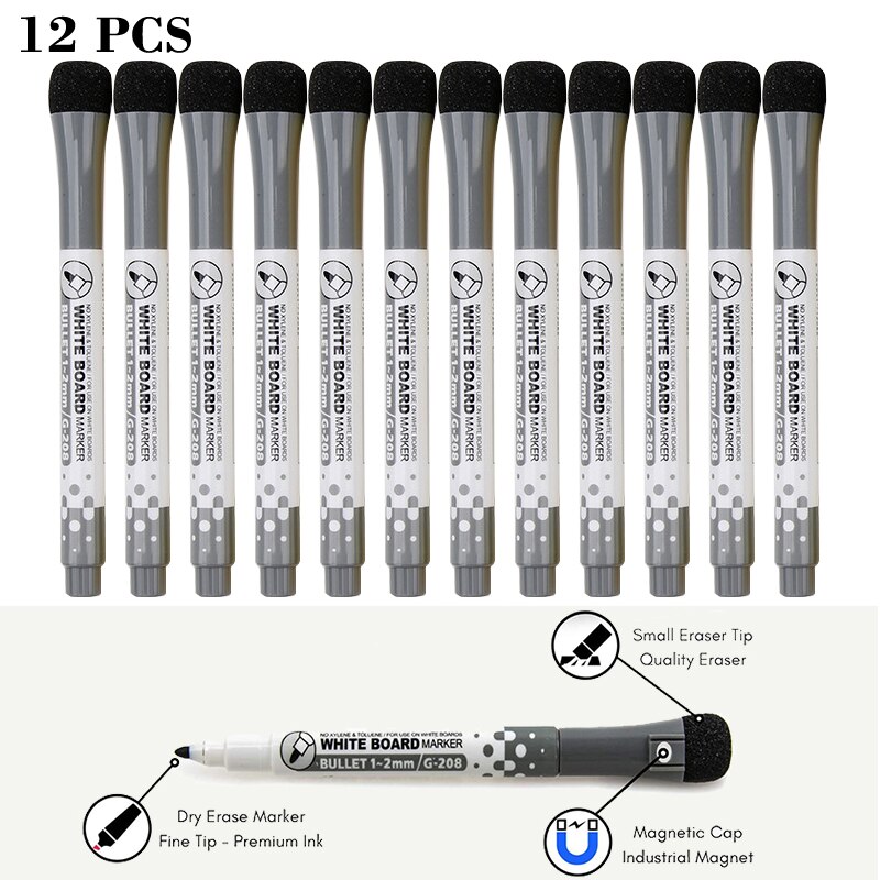 12 Pcs/lot Magnetic Dry Erase Whiteboard Markers Water 8 Colour Pen Black and White Office Supplies for Glass Ceramic Tile: 12Pcs-Black