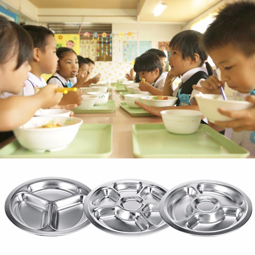 3 4 5 6 Sections Stainless Steel Divided Dinner Plate Dish Round Students Grid Lunch Tray School University Canteen Supplies