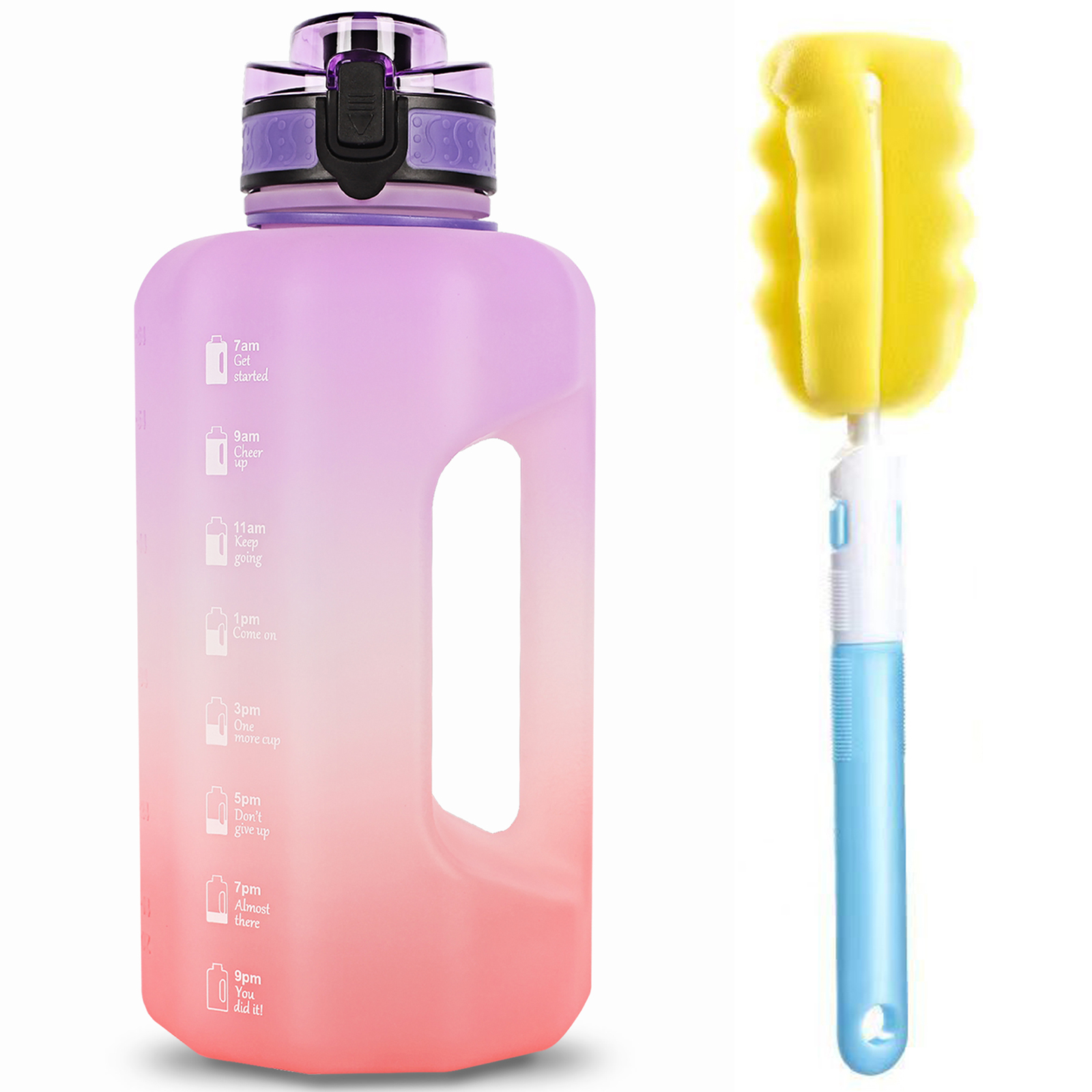 Grote waterfles 2,2 liter met handvat Tijdmarkering, rietje lekvrij halve gallon grote capaciteit enorme kruik voor training gym fitness: Paars