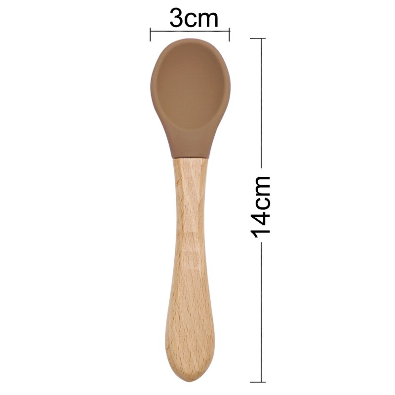 Cuchara de manija de madera silicona para alimentación de niños, utensilios para comer comida sólida, entrenamiento, capacidad de manipulación, vajilla