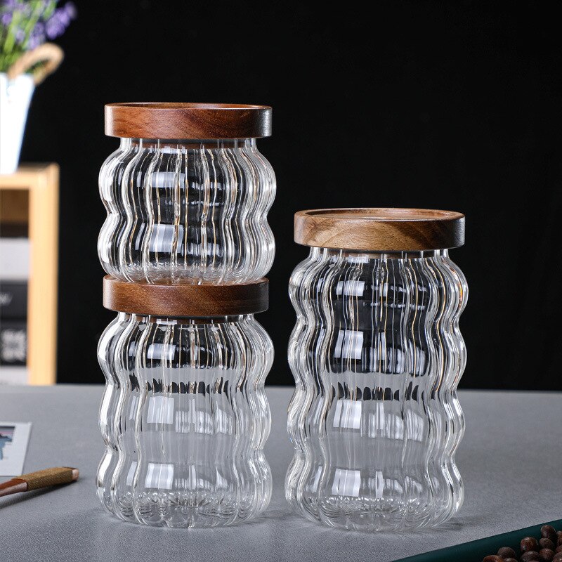 Tarro de almacenamiento de Vidrio Curvo , botella sellada, tarro de caramelo de grano de café con tapa de madera, contenedor de vidrio artesanal para decoración del hogar