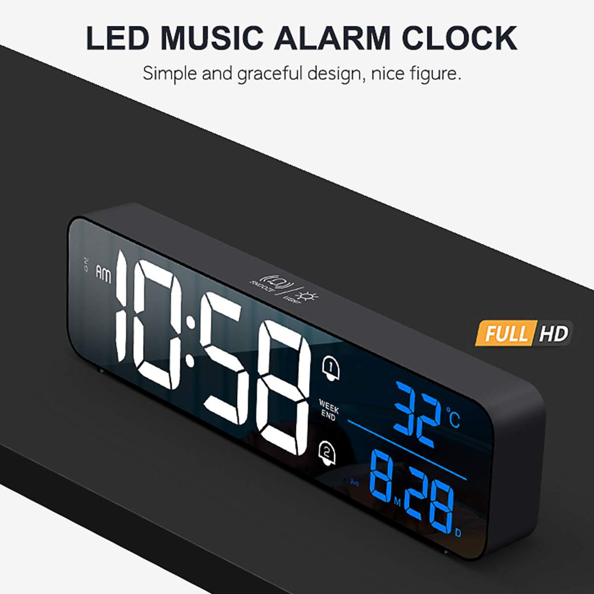 LED Digital Alarm Clocks With Snooze Digital Temp Time Music Dual Clock USB Charger Large Digit Display Brightness Dimmer Clocks