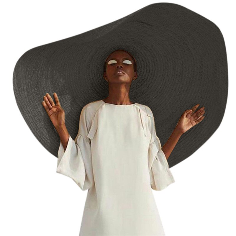 Kvinde stor solhat strandstråhat foldbar halmdæksel overdimensioneret sammenklappelig solskærm strandhat anti-uv: Bk