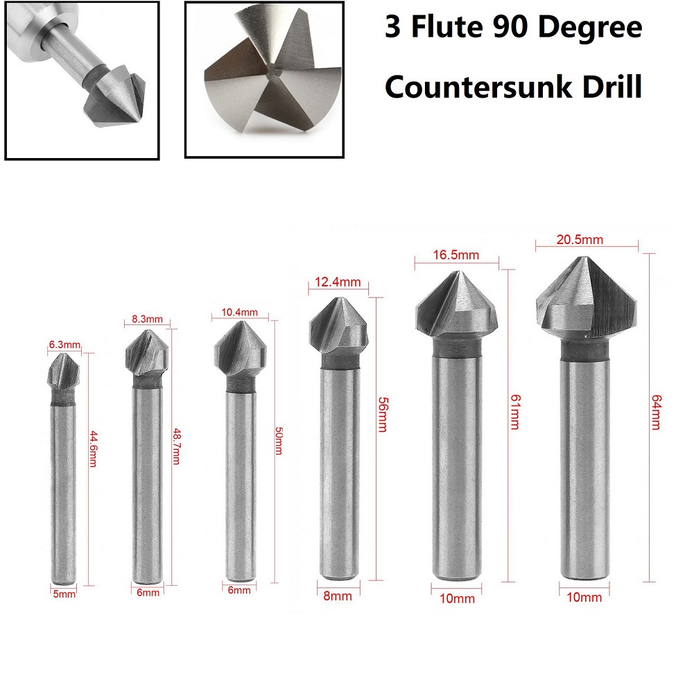 Broca avellanadora de 3 flautas, herramientas de biselado de 90 grados, cortador de chaflán, brocas para placa de aluminio de acero inoxidable, 1 ud.