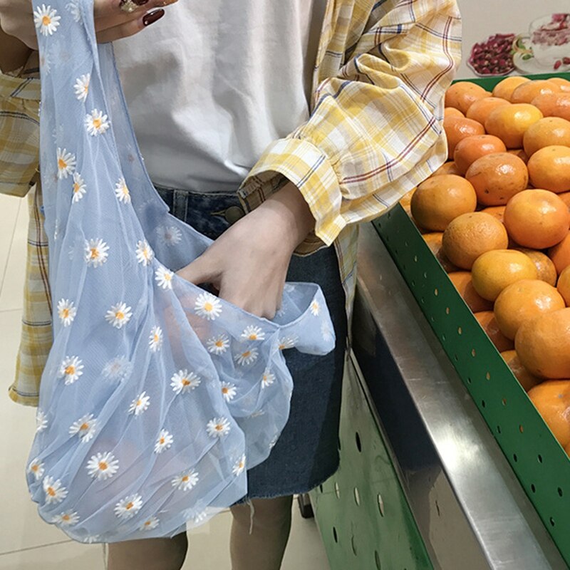 Women Small Transparent Tote Mesh Cloth Bag Daisy Embroidery Handbag Eco Fruit Bag Purse for Girls