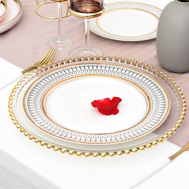 Dinnerware Set Plates Nordic Gold Bead Glass Charger Plate for Dinner Decorative Salad Fruit Wedding Plate Dinner Platos