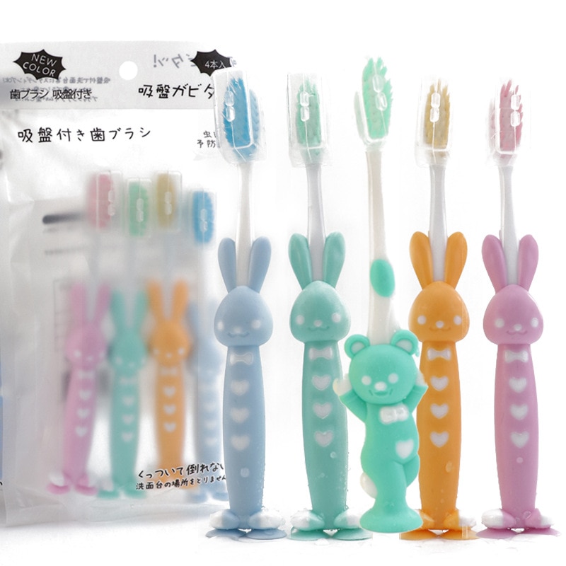 4Pcs/Set Cute Cartoon Kids Toothbrush Bamboo Charcoal Suction Base Soft Hair Children Toothbrush Kids Oral Care Supplies