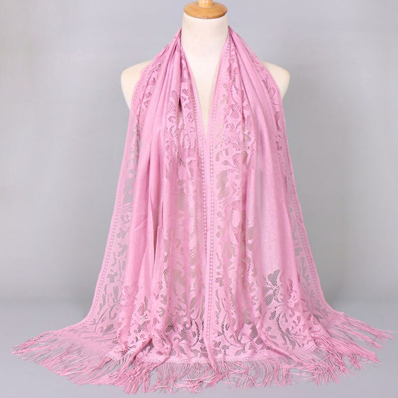 Hollow Out Flower Lace Hijab Sjaal Vrouwen Effen Kleur Vlakte Moslim Hoofd Haar Sjaals Wraps Winter Wit Zwart Rood: dark pink