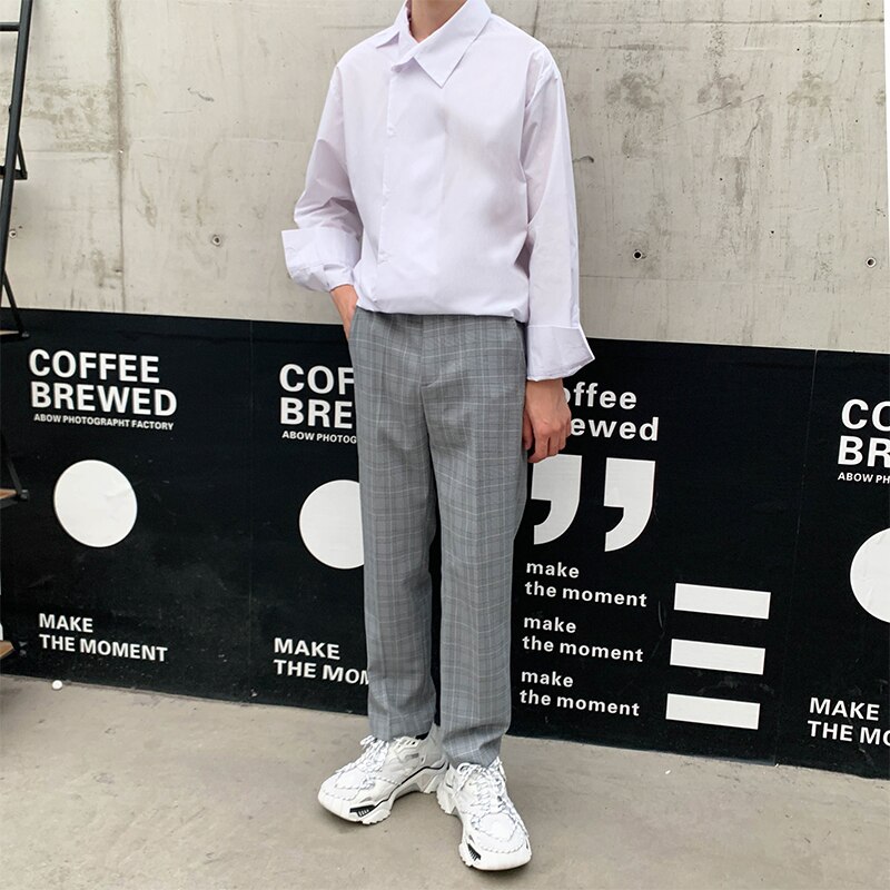 Herfst Pak Broek mannen Mode Business Casual Plaid Broek Man Streetwear Wilde Losse Rechte Jurk Broek Mannen M-XL