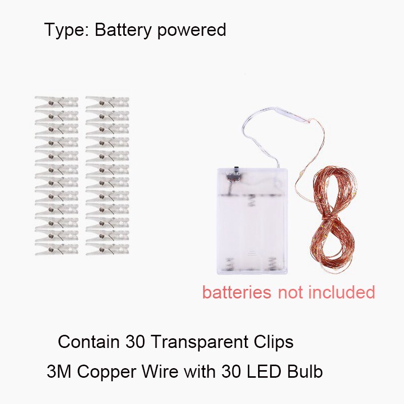 Photo Clip String Lights Battery Powered Room Decoration Fairy String Lights for Hanging Pictures Cards Party Christmas Decor: 3M Battery / Warm white
