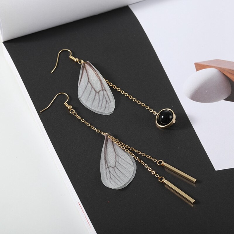 Koreaanse Vlinder Hoek Vleugels Lange Tassel Oorbellen Voor Vrouwen Sieraden Imitatie Parel Crystal Asymmetrische Verklaring Oorbellen
