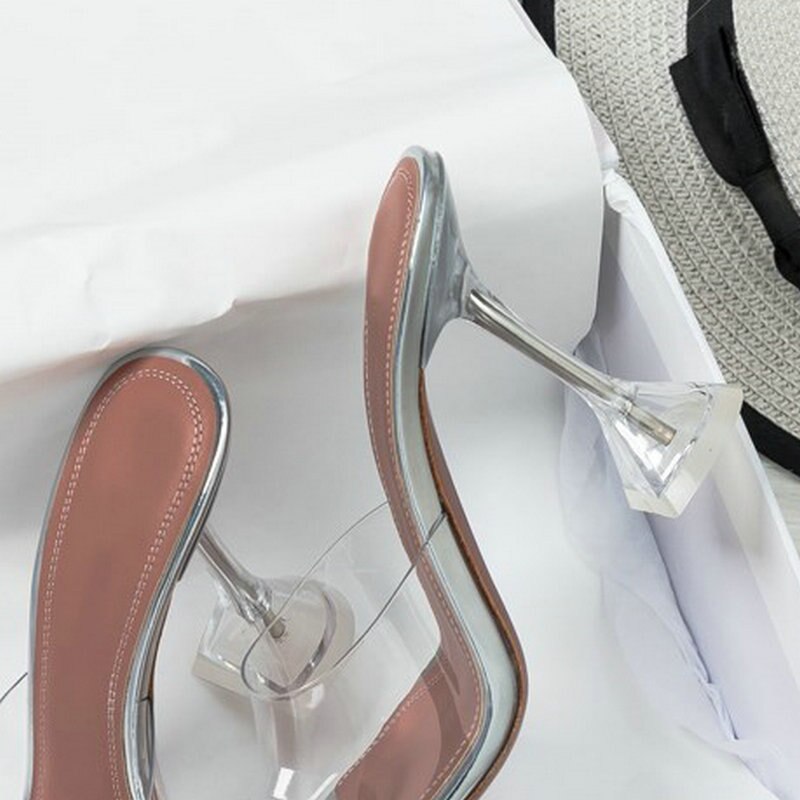 PVC Jelly Sandals Crystal Pointed Toed High Heels Women Transparent Heel Sandals Slippers 10CM Big Size