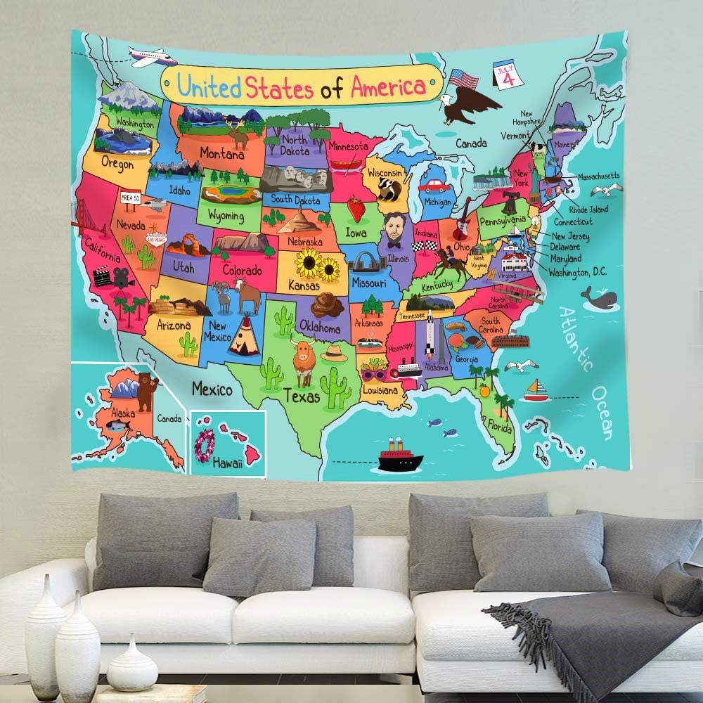Kids Kaart Van De Verenigde Staten Wandtapijten Cartoon Leuke Feiten Geografie Usa Polyester Stof Deken Decor Kamer Esthetische