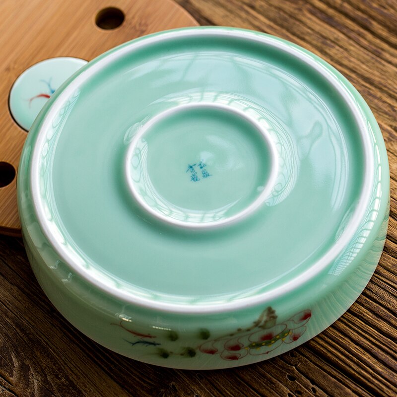 Fiori di loto Longquan celadon a mano modello verniciato Rotonda mini-vassoio da tè in ceramica di bambù acqua di stoccaggio di acqua di superficie