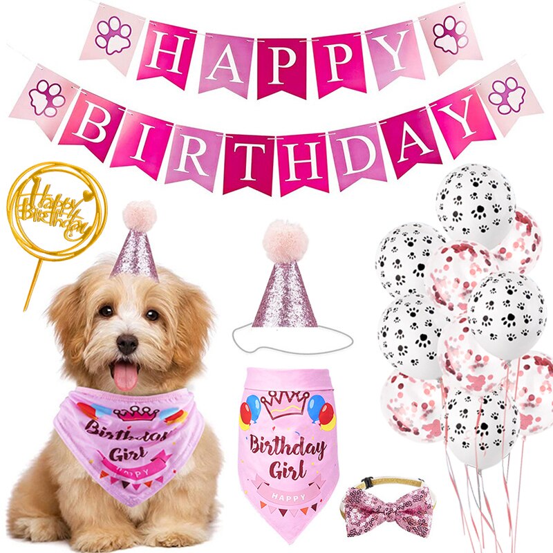 Handmade Dog Birthday Bandana Set Party Pet Pull Flag Triangle Scarf Cake Hat Decoration for DIY Pet Party Supplies: Pink set 2