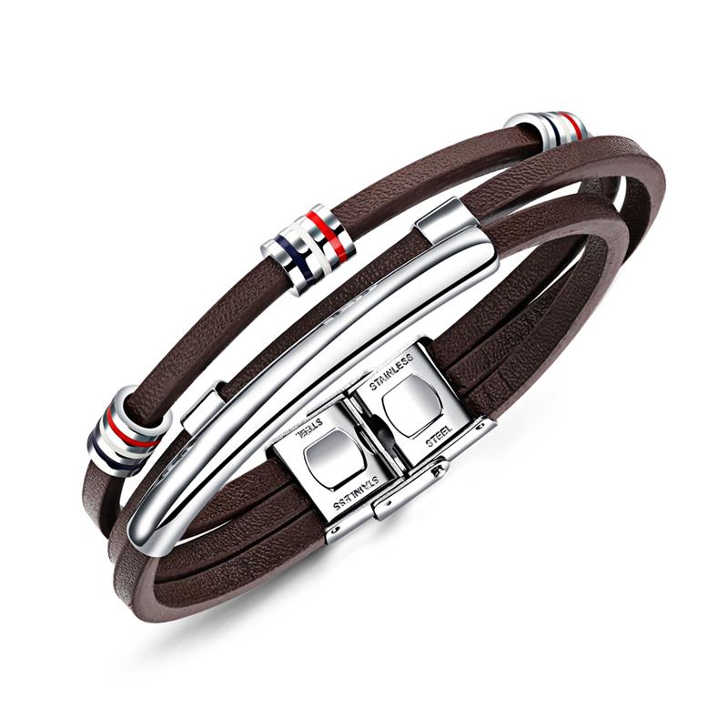 Jiayiqi Brown Leather Bracelet for Men Jewelry Stainless Steel Silver Color Beads Bangles Vintage Male Accessories: Default Title