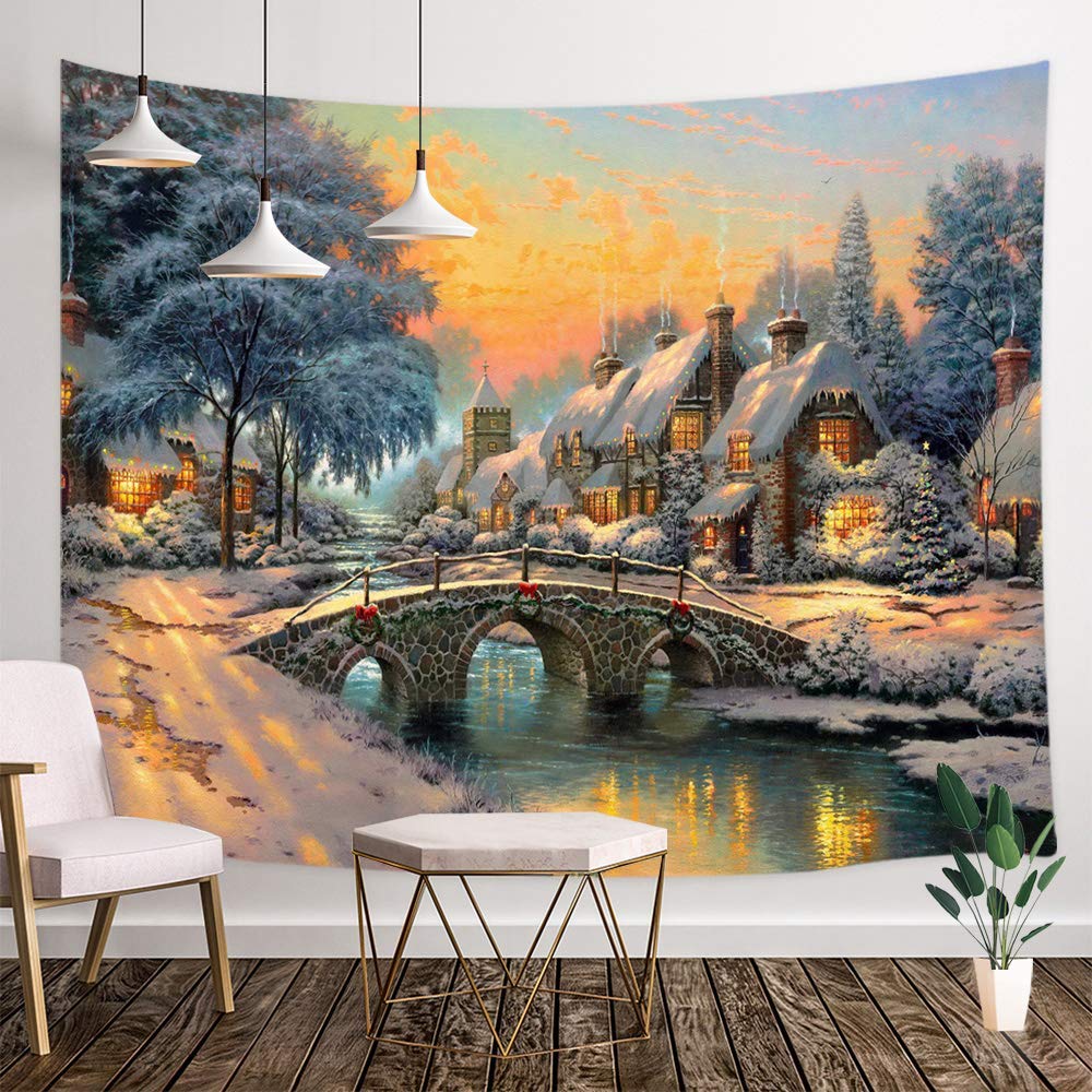 Rustic Farmhouse Christmas Winter Landscape of American Western Village Rural House and Bridge Wall Tapestry