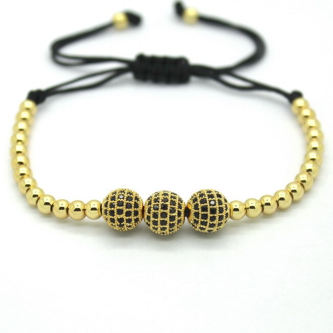 Berømt mærke kvinder armbånd ,8mm pave indstilling sorte cz perler & rosa guld 4mm runde perler & fletning armbånd til kvinder: Guld
