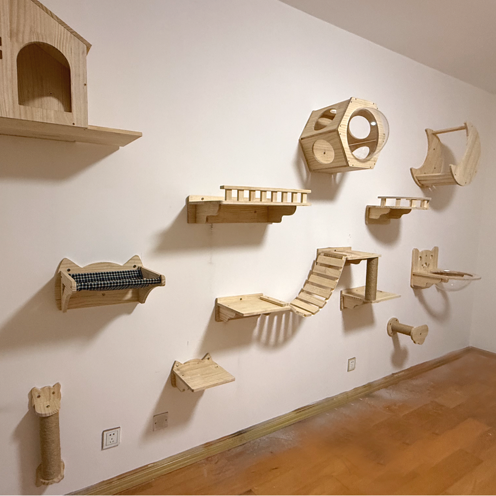 Cat Climbing Shelves Wall Mounted Hammock Wooden Cat Tree Tower Scratching Ladder Indoor House Pet Furniture Cats Playground