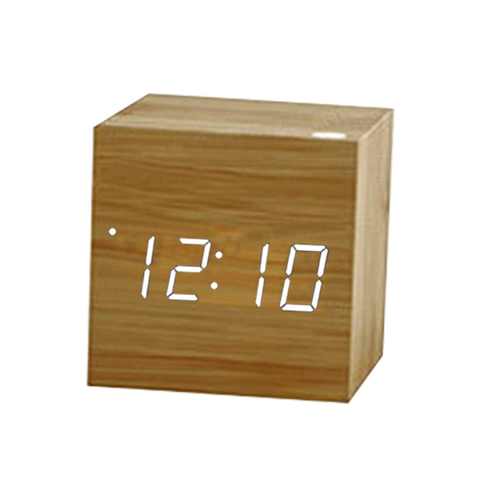 Voice Control Led Clock Luminous Square Wooden Clock Wooden Alarm Clock Silent Temperature Alarm White/Black/Brown: Dark Khaki